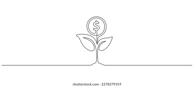 Money plant in One Continuous line drawing. Growing coin tree symbol and finance investment increase concept in simple linear style. Editable stroke. Doodle Vector illustration