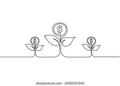 Money plant in One Continuous line drawing. Growing coin tree symbol and finance investment increase concept in simple linear style. Editable stroke. Doodle Vector illustration