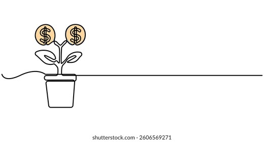  Money plant in One Continuous line drawing. Growing coin tree symbol and finance investment increase concept in simple linear style. Editable stroke. Doodle Vector illustration.