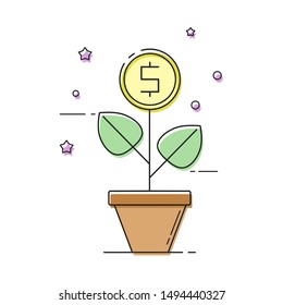 Money plant in a pot. Simple. Thin line.