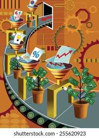 Money plants and graphs on conveyor belt