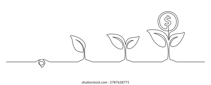 Money plants and trees in One Continuous line drawing. Growing coin tree symbol and finance investment increase concept in simple linear style. Editable stroke. Outline Vector illustration
