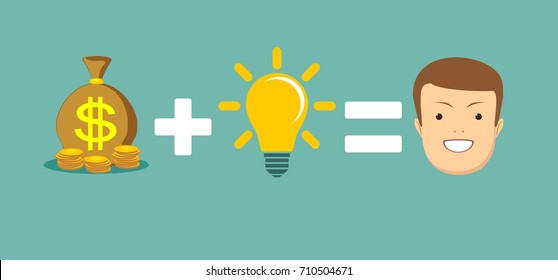 Money plus idea equal to happiness. Stock vector illustration for poster, greeting card, website, ad, business presentation, advertisement design.