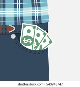 Money in pocket. Cash, earned money in jeans. Businessman in stylish suit jacket and pants. Vector illustration flat style design. Isolated on white background. Concept of wealth and success.