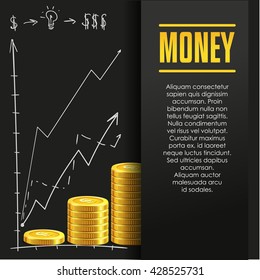 Money poster or banner design template with golden coins and copy space for text. Vector illustration. Money making. Bank deposit. Financial. Gold and black colors. Business finans vector background.