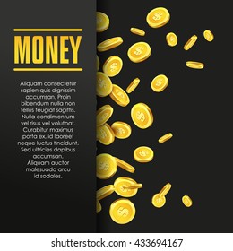 Money poster or banner design template with golden coins and copy space for text. Vector illustration. Money making. Bank deposit. Finance.  Gold and black colors. Business finans vector background.