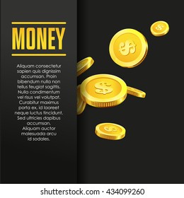 Money poster or banner design template with golden coins and copy space for text. Vector illustration. Money making. Bank deposit. Financial. Gold and black colors. Business finance vector background.