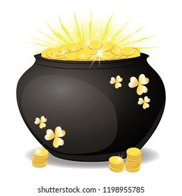 Money in a pot, the glitter of gold coins . A lot of coins in the container. Finance and business. isolated, white, vector