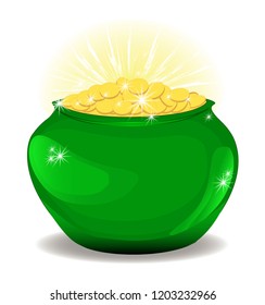 Money in a pot, the glitter of gold coins . A lot of coins in the container. Finance and business. isolated, white, vector