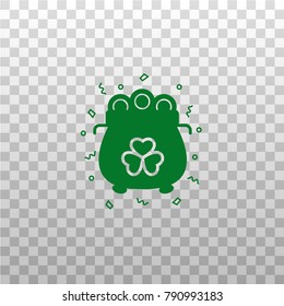 Money pot with shamrock symbol - flat icon isolated on transparent backgrouund. Cauldron with coins simple silhouette. Vector illustration for Saint Patrick's Day celebration.