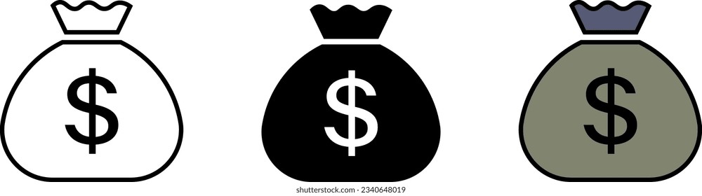 Money pouch icon and finance concept. Money bag different style icons collection set. Line, glyph and filled outline colorful version. Vector ilustration