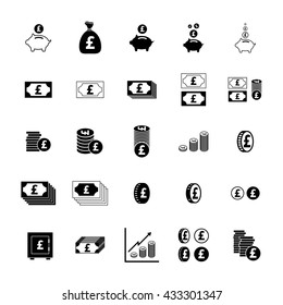 Money Pound Vector Icon Or Flat Sign Set. National UK Currency Symbol Isolated Collection