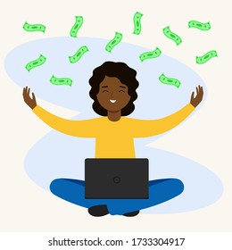 Money pours onto a person. A girl sits with a laptop on her lap and catches banknotes. 