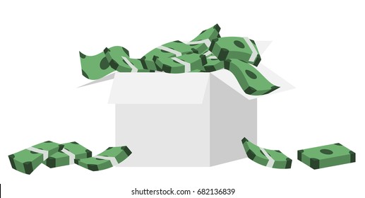 Money pours out in a cardboard box.