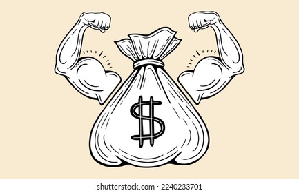 money power, money bag with powerful arm, muscles hand  hand drawn  vector