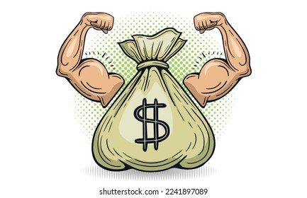 money power, money bag with powerful arm, muscles hand  hand drawn  vector