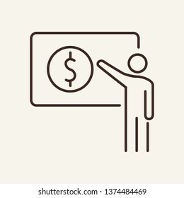 Money presentation line icon. Speaker pointing at board with dollar sign on screen. Currency concept. Vector illustration can be used for topics like for business plan, startup, financial report