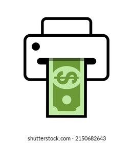 Money Printing - Bill Is Printed On Printer - Economic And Financial Inflation Or Counterfeit Fake US Dollar Cash. Vector Illustration Isolated On White.