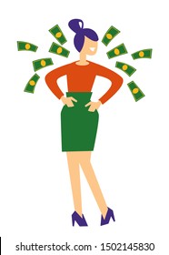 Money prize or business profit, woman and flying dollar bills, isolated female character vector. Successful businesswoman or lottery winner, currency or cash. Income and salary, gambling game win