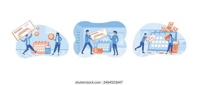 Money prize. Cash lottery winning. Salary payment. Pay Check concept. Calendar with payday, calculator and tiny business people getting a paycheck. Set flat vector modern illustration 