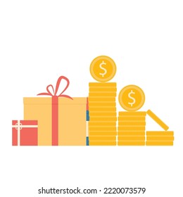 Premio de dinero, montón de regalos y monedas de oro apiladas. Ilustración vectorial. Premio de la banca ganada, monedas de dibujos animados dorados, símbolo del dólar, elemento de pago, concepto de suerte, pecho presente, jackpot de oro metálico