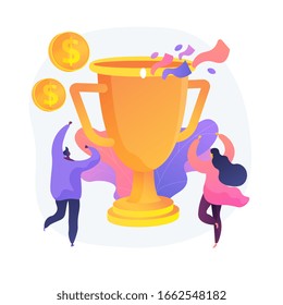 Money prize, trophy, deserved reward. Team success, championship, high achievement. Monetary award recipients, winners cartoon characters. Vector isolated concept metaphor illustration.