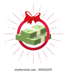 Money prize win vector symbol flat icon, pile of american dollars cash win, abstract rays emblem, gift award heart bow ribbon, game achievement label, illustration design isolated on white