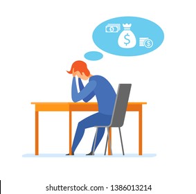 Money problem Financial Trouble Flat Illustration. Depressed Businessman in Need Cartoon Character. Economic Crisis, Business Bankruptcy. Pressured Office Worker with Headache, Unpaid Loan Debt