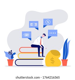 Money problem Financial Trouble Flat Illustration. Frustrated businessman don't know how to make money. Economic crisis, business bankruptcy, unpaid loan debt. Pressured worker with mental health.