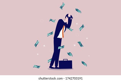 Money problems - Man trying to escape money being thrown at him causing stress and worries. Unwanted cash, financial pressure, refusal and dirty money concept. Vector illustration.