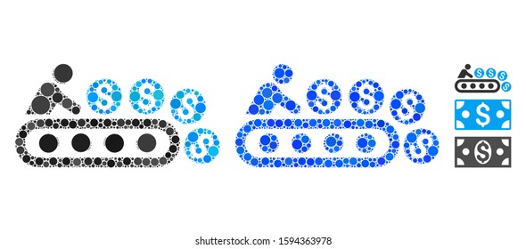 Money production composition of round dots in different sizes and color tones, based on money production icon. Vector round dots are grouped into blue illustration.
