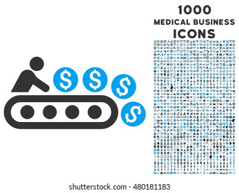 Money Production vector bicolor icon with 1000 medical business icons. Set style is flat pictograms, blue and gray colors, white background.