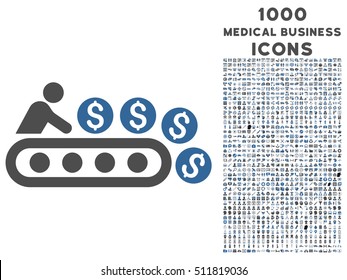 Money Production vector bicolor icon with 1000 medical business icons. Set style is flat pictograms, cobalt and gray colors, white background.