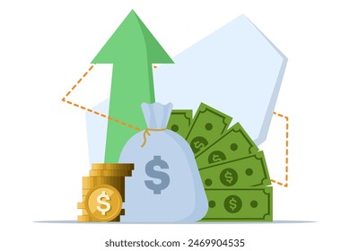 money profit or budget concept, flat cartoon stack of cash graph and arrow going up, business success, economic or market growth, investment income, capital income, benefits.