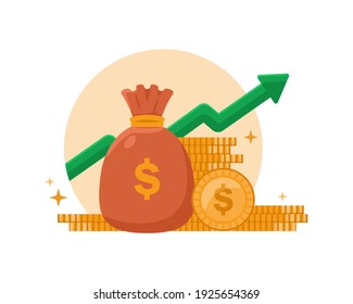 Money profit growth up, cash benefit, economic inflation dollar value increase vector icon, financial earning revenue interest symbol, economy investment arrow up flat cartoon, concept of budget boost