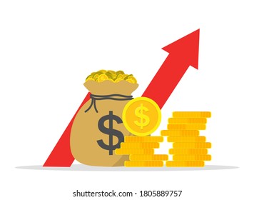 Money profit high. Growth of revenue. Arrow show in diagram increase income. Capital and benefit of finance fund. Economy and budget icon. More earn of business. Wealth and investment. Vector.