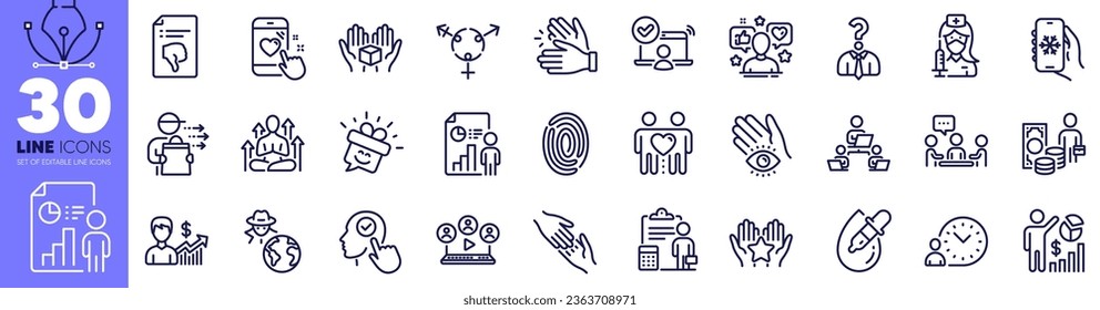 Money profit, Influence and Air conditioning line icons pack. Eye drops, Hiring employees, Online access web icon. Yoga, People chatting, Teamwork pictogram. Genders, Fraud, Friends couple. Vector