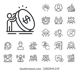 Money profit sign. Specialist, doctor and job competition outline icons. Inflation line icon. Person with coin symbol. Inflation line sign. Avatar placeholder, spy headshot icon. Strike leader. Vector