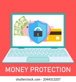Money is protected, money on a laptop monitor is protected by a shield. Vector, cartoon illustration. Vector.