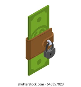 Money is protected. Wallet with cash and padlock. Blocking dollars to prevent their kidnapping
