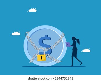 Money protection. Businesswoman and coin locked by padlock 