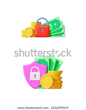 Money protection concept 3d render. A pink shield with a lock, currency bills and coins. Secure banking for financial safety.