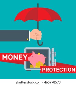 money protection concept illustration.human hand with umbrella open safe piggy bank coins stacks