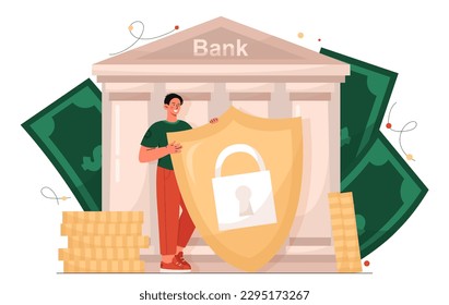 Money protection concept. Man with shield near bank building and gold coins. Financial literacy, savings and investments. Young guy with income and earnings. Cartoon flat vector illustration
