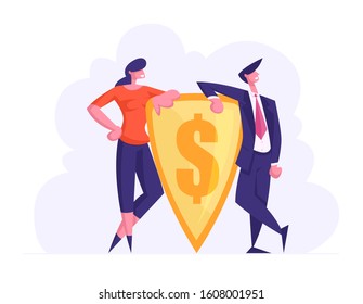 Money Protection and Finance Defence Concept. Businesspeople Holding Gold Shield with Engraved Dollar Sign. Financial Insurance and Safety, Bank Deposit Assurance. Cartoon Flat Vector Illustration