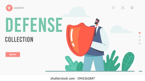 Money Protection and Finance Defense Landing Page Template. Businessman Character Holding Shield. Financial Insurance, Fund Safety, Bank Deposit Assurance Concept. Cartoon People Vector Illustration