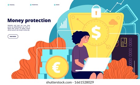 Money protection. Financial security, business deposit safety. Secure banking service, cash and online payment protect vector landing page