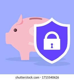 Money protection. A shield with a lock protects the piggy bank. Investment protection. Vector, cartoon illustration. Vector.