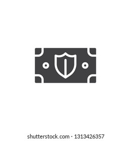 Money protection shield vector icon. filled flat sign for mobile concept and web design. Money bill with shield simple glyph icon. Symbol, logo illustration. Pixel perfect vector graphics