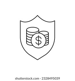 Money protection. Stack of coins with shield line icon isolated on white background. Vector illustration